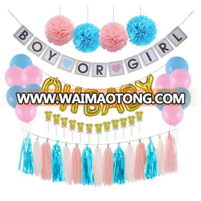 Gender Reveal Party Supplies Boy Or Girl Reveal Decoration Kit with Banner OH Baby Balloon Cupcake Topper